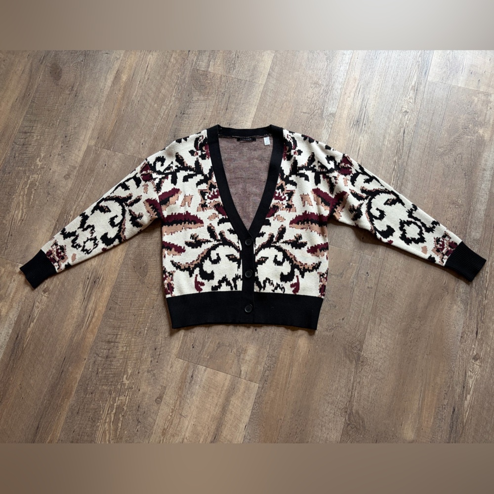 Tahari - Knit Cardigan - Size S - Pink Cream & Black Pattern
